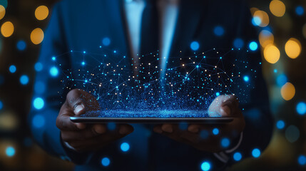 Wall Mural - digital tablet in the hands of a businessman, highlighting blockchain technology, data encryption, a