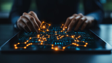 Wall Mural - blockchain technology and data encryption concept, with a businessman using a digital tablet featuri