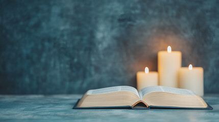 Open Bible with Burning Candles for Religious or Spiritual Themes