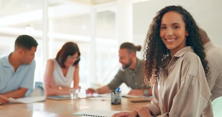 Canvas Print - Meeting portrait, office and black woman with smile at workshop for corporate strategy, planning and startup team with vision. Teamwork, collaboration and happy creative girl at advertising agency