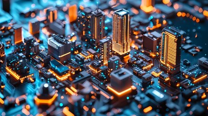 Futuristic city skyline with illuminated buildings and glowing lines.