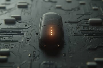 Poster - Single Black Pill with Water Droplets on a Dark Circuit Board Symbolizing Advanced Pharmaceutical Technology