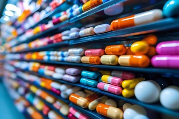 Wall Mural - Assortment of Colorful Pills and Capsules Captured in Motion on a Vibrant Technological Background