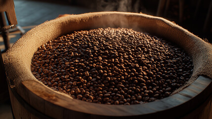 A batch of fresh roasted coffee beans, steaming hot, in a burlap bag.