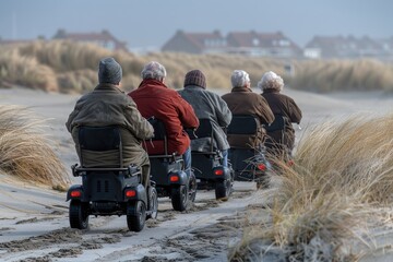 elderly friends enjoying a leisurely beach excursion on mobility scooters
