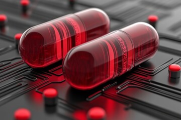 Sticker - Perspective View of Red Pills on a Red High Tech Circuit Symbolizing the Pathways of Medical Innovation