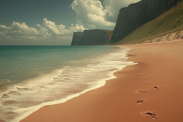 Wall Mural - Sandy Beach with Foamy Waves and Cliffside in Background