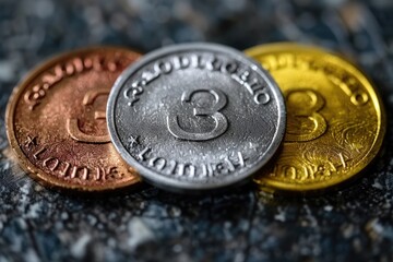 Three shiny gold silver and bronze colored metal tokens with the number three on them sit on a marble surface