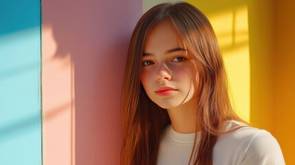 Wall Mural - A young woman with long brown hair stands against a colorful wall.  She is looking at the camera with a soft expression on her face.