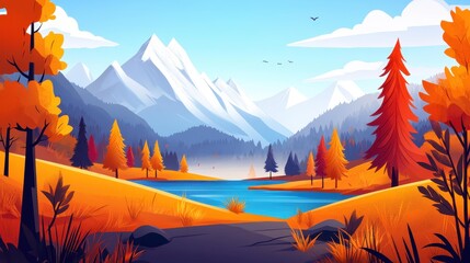 Wall Mural - Explore a stunning autumn landscape where vibrant hues blend seamlessly with majestic mountains in a whimsical style.