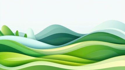 Wall Mural - Vibrant green waves ripple through a modern flat cartoon landscape, blending abstract art with dynamic textures.