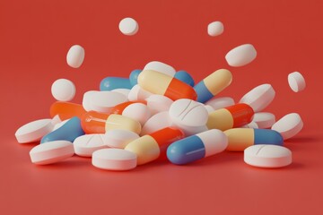 Array of pharmaceutical pills on a vibrant red background emphasizing the urgency and importance of medication accessibility