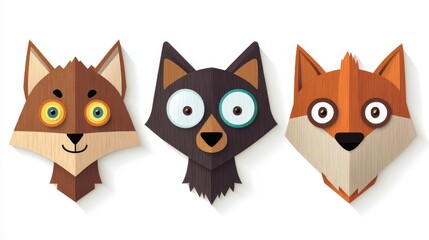 Naklejka na meble Vibrant wooden wolf faces capture the essence of wild nature in a modern, flat, cartoonstyle illustration.