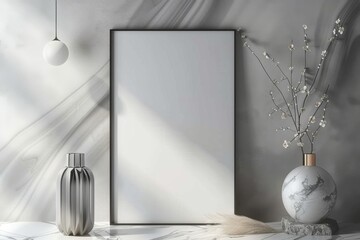 Wall Mural - Minimalistic 3D render of a blank poster frame on a grey wall with marble decor and a vase, featuring natural light and boho style for product presentation.