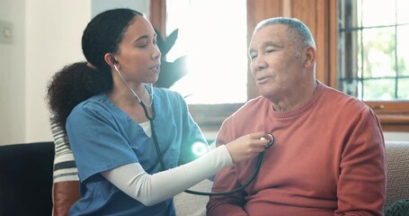 Poster - Woman, nurse and checking heart beat in elderly care on living room sofa for healthcare at home. Female person, doctor or medical caregiver monitoring senior patient breathing or respiratory at house