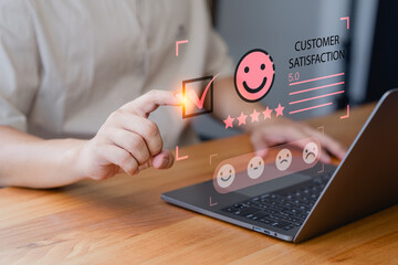Poster - Customer engage in a satisfaction survey, using an online application to rate their service experiences. This evaluation helps determine the quality of service and business reputation rating.
