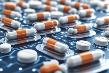 Poster - Assorted pharmaceutical pills on a modern electronic board symbolizing the convergence of medicine and technology