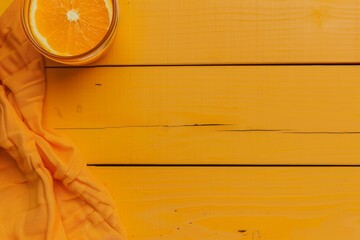 Vibrant Orange Wooden Surface with Refreshing Single Orange Drink Lively and Inviting Mockup for Branding and Promotional Content