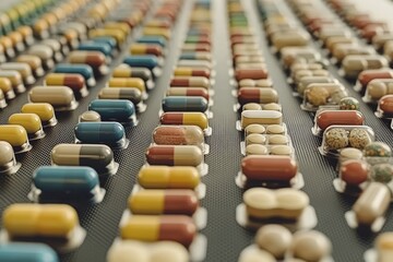 Sticker - Vast array of pharmaceutical pills organized methodically on a manufacturing line