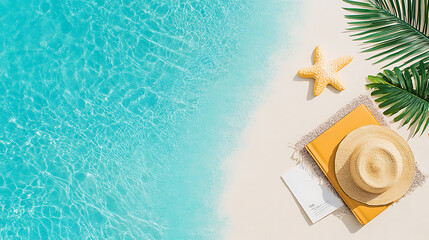 Wall Mural - a beach scene with a hat and a starfish on the sand
