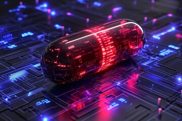 Poster - Red capsule on a futuristic blue circuit board showcasing pharmaceutical technology