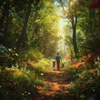 © AlexCaelus - Father and children walking along a sunny, serene forest path surrounded by lush green trees and colorful wildflowers.