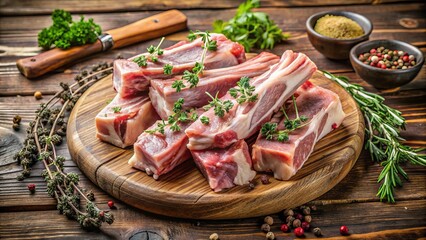 Fresh raw pork bones scattered on a rustic wooden cutting board, garnished with sprigs of fresh thyme, surrounded by earthy tones and natural textures.