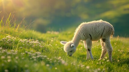 Wall Mural - Fluffy alpaca grazing on a soft green background 32k, full ultra HD, high resolution