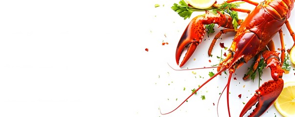 Wall Mural - Cooked Lobster with Lemon and Parsley on a White Background