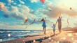 © AlexCaelus - Family enjoying a sunny day at the beach, flying colorful kites with a beautiful ocean view and clear blue sky.
