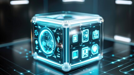 Futuristic transparent cube with holographic display featuring digital icons and high-tech graphics, glowing in a technologically advanced setting.