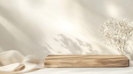 Aufkleber - Serene Minimalist Wooden Podium with Delicate Beige Flowers Against Cream Background