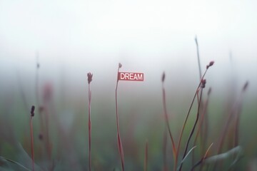 Poster - Ethereal Minimalist Smoke Letters DREAM in Surreal Foggy Landscape with Soft Diffused Lighting and Serene Mood