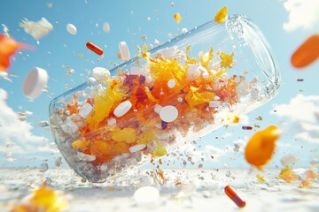 Wall Mural - Exploding capsule dispersing colorful micro elements symbolizes the rapid release of pharmaceutical benefits