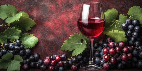 Elegant still life of a wine glass with red wine surrounded by lush grape clusters and green leaves on a rich red and black backdrop