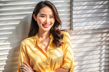 Beautiful Asian Woman Smiling In Yellow Shirt In The Sunlight.