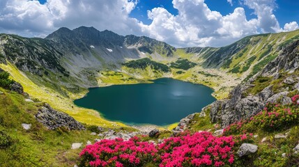 beautiful mountain landscape with lake and flowers and clouds