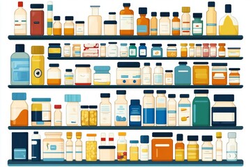 Sticker - Comprehensive Pharmaceutical Shelf Showcasing Diverse Medication and Supplement Options