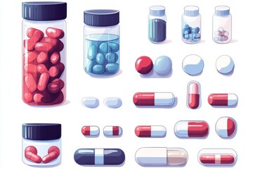 Sticker - Simplified Display of Essential Medication Bottles and Capsules in Various Sizes and Colors