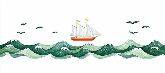 Canvas Print - Sailboat on a Sea of Green Waves