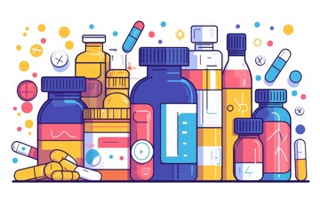 Sticker - Vibrant Pharmaceutical Illustration with a Colorful Array of Medications and Health Products