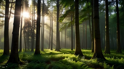 forest trees. nature green wood with sunlight Generative AI