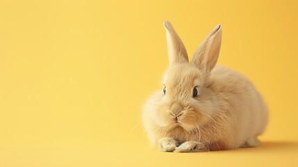 Wall Mural - Fluffy rabbit resting on a pastel yellow background 32k, full ultra HD, high resolution