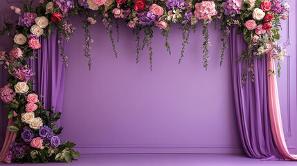 Elegant purple wall with curtain and floral decoration. Studio for a wedding or party background, photo studio, product presentation or Valentine's Day celebration. Copy space for text.