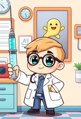 a cute cartoon doctor character illustration holding a large, exaggerated syringe