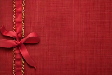 Red cover for an album with photos, Red linen background with ribbon and golden hook 