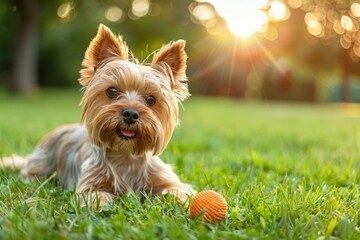 Wall Mural - Yorkshire Terrier playing with ball on grass in park.