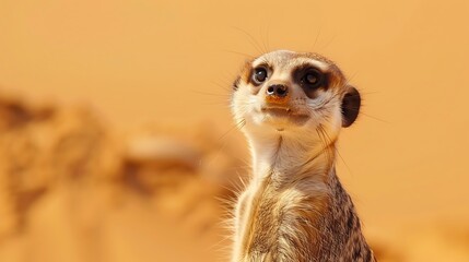 Wall Mural - Happy meerkat looking on a sandy beige background 32k, full ultra HD, high resolution