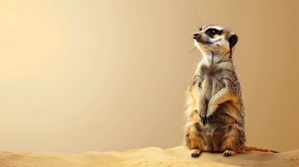 Wall Mural - Happy meerkat looking on a sandy beige background 32k, full ultra HD, high resolution