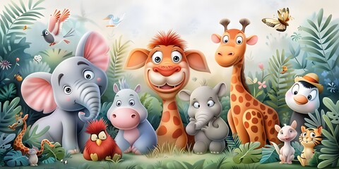 Wall Mural - Art guide, animal illustrations, cartoon style, fun and engaging, bright and cheerful, appealing to children, Editorial Photography